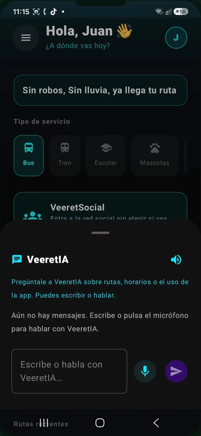 Panel de VeeretIA en BusVeeret, donde se escribe o se habla para preguntar por rutas
